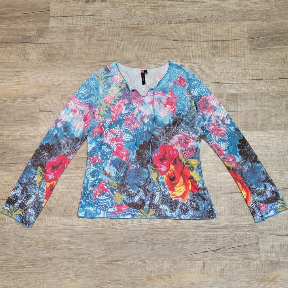 Nu Construction Y2K Stretchy Mesh Style Floral Whimsy Grunge Top Size XL